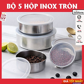 Bộ 5 Hộp Đựng Thực Phẩm Inox, Thố Lạnh Có Nắp Nhựa 5 Kích Thước Để Tủ Lạnh