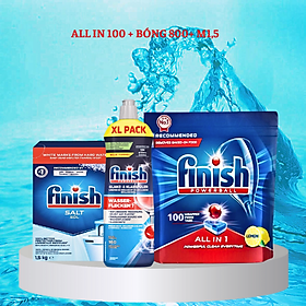combo Viên rửa bát finish all in one 100 viên+Dung dịch Nước làm bóng finish 750ml +Muối rửa bát finish 1.5kg cho Máy rửa bát