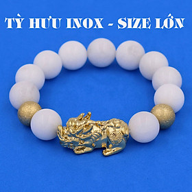 Vòng chuỗi đeo tay san hô trắng 14 ly ( size lớn ) charm tỳ hưu và bi inox vàng, vòng tay chuỗi hạt