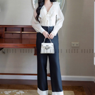 Quần đen phối trắng NGADO, Quần tây nữ, Quần công sở, Quần ống đứng, ống rộng