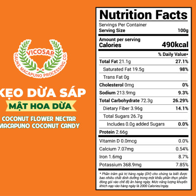 Kẹo dừa sáp VICOSAP mật hoa dừa không đường đồ ăn vặt healthy kẹo mềm dẻo đặc sản Trà Vinh hộp 180g