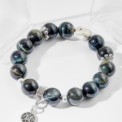 Vòng tay đá mắt hổ xanh đen charm tiền Ngọc Quý Gemstones