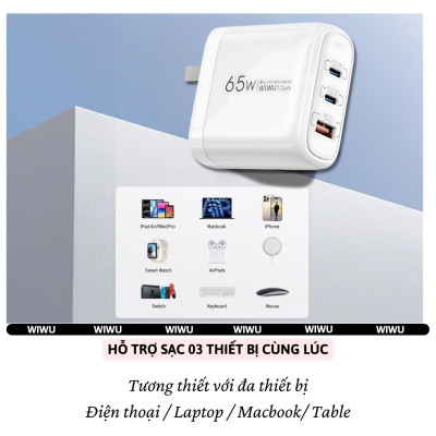 Adapter cóc củ sạc nhanh 65W 2 PD 3.0 USB C + USB-A QC3.0 hiệu WIWU ARK - PPS chống cháy, Chip AI điều chỉnh dòng sạc  cho iPhone iPad Oppo Samsung cho Macbook, Laptop - Hàng nhập khẩu