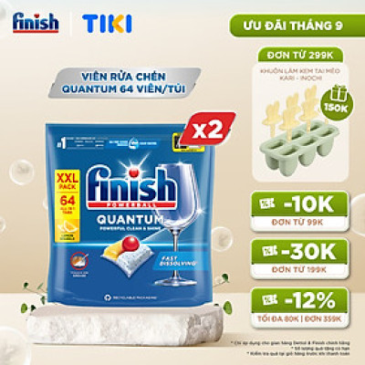 Combo 2 Viên Rửa Chén Bát Finish Powerball Quantum Powerful Clean & Shine 64 viên