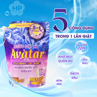 Nước Giặt Xả 5 Trong 1 Hương Nước Hoa Lưu Hương 72h Avatar (Túi 3kg)