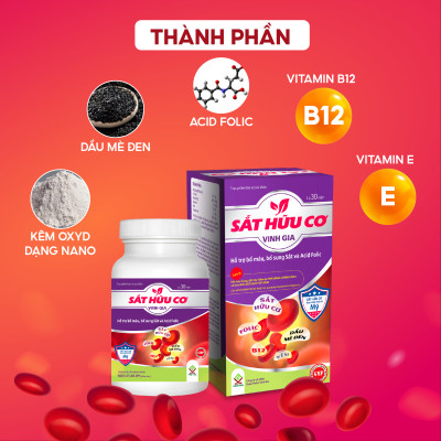 Viên Uống Bổ Sung Sắt Dạng Hữu Cơ VINH GIA Giảm Tình Trạng Thiếu Máu Lên Não, Hoa Mắt, Da Xanh Xao Hộp 30 Viên