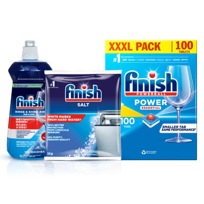 Combo Finish tiện lợi 2: Hộp 100 Viên Rửa Bát Finish Essential + Nước Làm Bóng Finish 500ml + Muối Rửa Chén Finish Salt túi 1kg