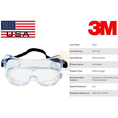 Kính bảo hộ chống hóa chất 3M 334 Splash Safety Goggles Anti-Fog Lens