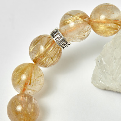 Vòng thạch anh tóc vàng phối charm bạc hạt 12mm mệnh thủy, kim - Ngọc Quý Gemstones