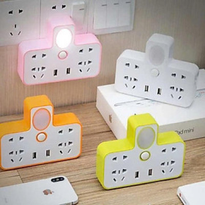 Ổ Cắm Điện Đa Năng Chữ T Siêu Tiện Dụng (4 Chấu + 2 Cổng USB) - Ổ Điện Tiện Lợi Kết Hợp Đèn Ngủ