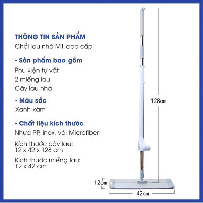Cây lau nhà tự vắt thông minh, chổi lau nhà tự vắt thiết kế silicon gạt nước đa năng cây lau dài 128cm