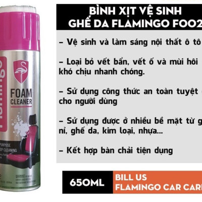Xịt bọt đa năng vệ sinh nội thất ô tô xe hơi tẩy vết bẩn bề mặt nỉ da nhựa vải Flamingo 650ml F002