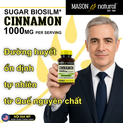 Cinnamon 1000mg Mason Natural Hộp 100 viên ổn định đường huyết hỗ trợ tiểu đường từ Quế nguyên chất