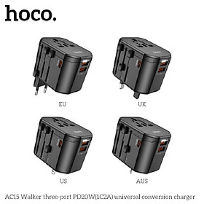 Ổ cắm du lịch nhật bản, quốc tế, đa năng sạc nhanh 20W có 1 ổ cắm + 2 cổng USB + 1 cổng typeC, 4 chân cắm US - UK - EU - AUS AC15 - Hàng chính hãng