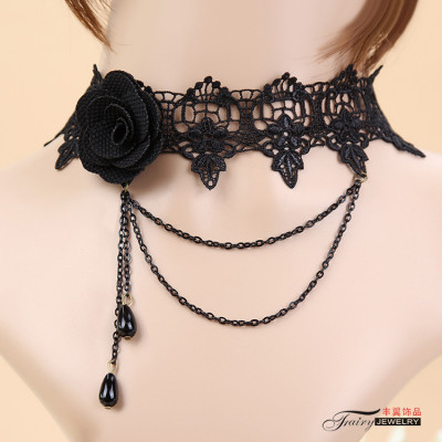 Vòng cổ ren vải hoa hồng đen bất đối xứng tiểu thư dạ tiệc