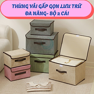 Bộ 2 Hộp vải đựng đồ có nắp tiện lợi- Thùng vải gấp gọn lưu trữ đa năng- Hộp vải đựng quần áo- Thùng chứa đồ gia đình bằng vải canvas- Hộp đựng đồ nội thất gọn gang- Hộp đựng đồ chơi/trang phục có tay cầm