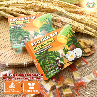 Kẹo dừa sáp VICOSAP mật hoa dừa không đường đồ ăn vặt healthy kẹo mềm dẻo đặc sản Trà Vinh hộp 180g