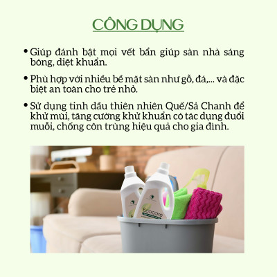 Nước lau sàn Hữu cơ Ecocare đuổi muỗi tinh dầu Sả chanh 2000ml