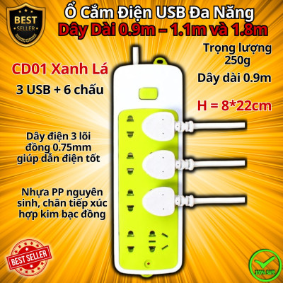 Ổ Cắm Điện USB Đa Năng Cao Cấp Chống Giật Dây Dài 0.9m – 1.1m và 1.8m, Ổ Cắm Điện Công Suất 2500W Có Chốt An Toàn Tiện Lợi, Chính Hãng