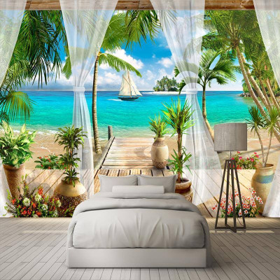 Tranh dán tường 3D trang trí nhà cửa phong cảnh bờ biển  PC 20 (Không phai màu)