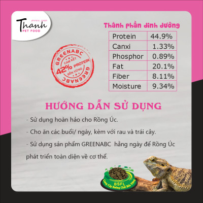 Thức ăn bò sát Rồng Úc nhãn GREENABC – Độ đạm 44.9% giúp tăng trưởng nhanh, lên màu đẹp, phát triển toàn diện – Hộp 68g