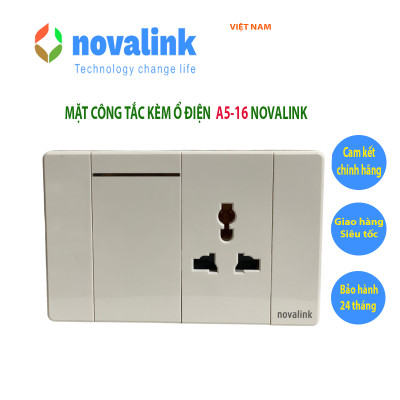 Mặt ổ điện kèm công tắc hạt dài tràn viền Novalink A5-16, 1 công tắc 1 chiều + ổ cắm 3 chấu đa năng, màu trắng
