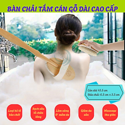 Bàn chải tắm cán dài bằng gỗ tự nhiên - Bàn chải massage cơ thể cao cấp - Cọ tắm khô & ướt cán dài tiện lợi - Bàn chải chà lưng chống tế bào chết - Bàn chải tắm toàn thân spa tại nhà