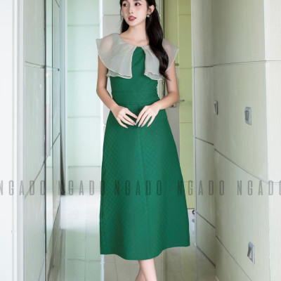 Đầm xanh phối voan kem NGADO , Đầm dự tiệc , Đầm dạo phố