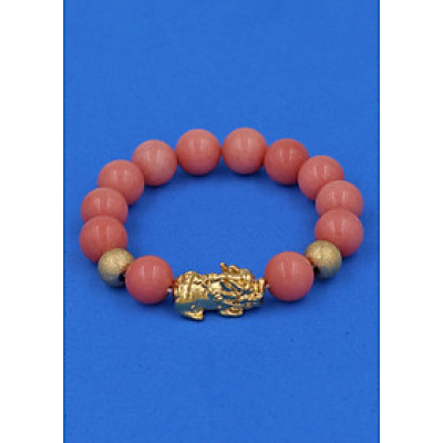 Vòng tay Thạch Anh Hồng Đào 12 ly - cẩn Tỳ Hưu Phong Thủy inox vàng VTAHDTHHBV12 - hợp mệnh Hỏa, mệnh Thổ