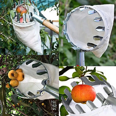 Vợt hái trái cây trên cao 16cm đa năng kèm túi vải - dụng cụ hái hoa quả kim loại siêu bền đẹp