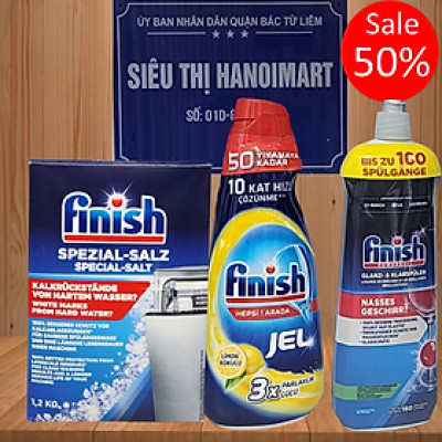 Combo Muối Finish 1.2kg + 1500ml xà bông Finish Power Gel Calassic+Nước làm bóng finish 400 ml dùng cho máy rửa bát