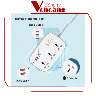[Mỹ] Ổ cắm điện Energizer đa năng 3AC kèm 2USB-A và 2USB-C sạc nhanh PD (max PD 65W) - Energizer EPB3250W00EU