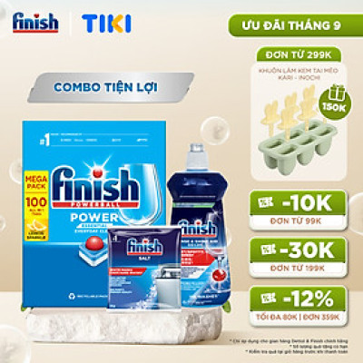 Combo Finish: Hộp 100 Viên Rửa Bát Essential + Nước Làm Bóng Finish 500ml + Muối Rửa Chén Finish Salt túi 1kg
