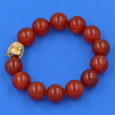 Vòng đeo tay mã não đỏ 14 ly cẩn hạt Phật A Di Đà inox vàng VMNONLV14 - hợp mệnh Hỏa, mệnh Thổ