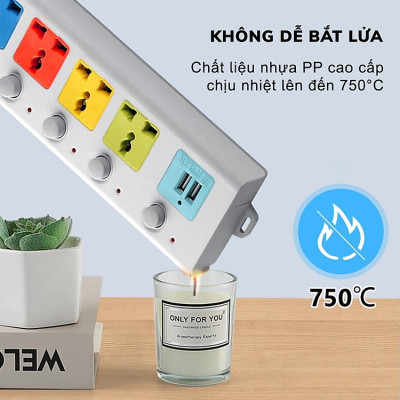 Ổ Cắm Điện USB Đa Năng Cao Cấp Chống Giật 4 Cổng Cắm 2 Cổng USB Công Suất 2500W, Có Chốt An Toàn Dây 2 Đến 5m Tiện Dụng