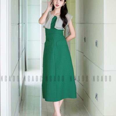 Đầm xanh phối voan kem NGADO , Đầm dự tiệc , Đầm dạo phố