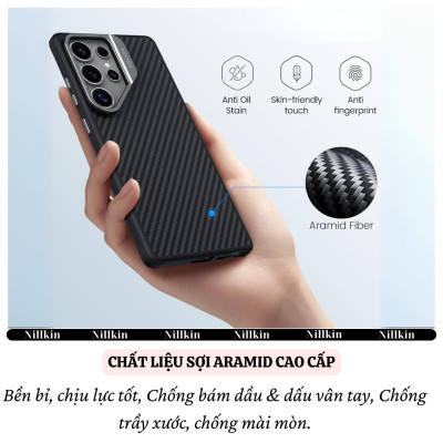 Ốp lưng Carbon Sợi Aramid từ tình chống sốc cho Samsung Galaxy S25 Ultra hiệu Nillkin Aramid Fiber Magnetic - Viền TPU chống va đập, chống bám bẩn, sạc không dây - Hàng nhập khẩu