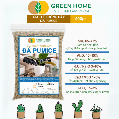 Đá Pumice Greenhome, Bao 500gr, Đất Trồng Sen Đá, Giá Thể Trồng Cây, Lót Chậu, Nhiều Khoáng Chất, Thoát Nước Tốt