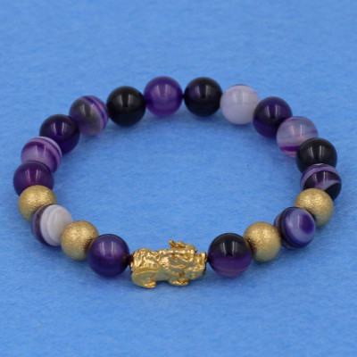 Chuỗi đeo tay thạch anh tím sọc 8 ly - cẩn Tỳ Hưu inox vàng VTAISTHVB8 + hộp nhung - hợp mệnh Hỏa, mệnh Thổ