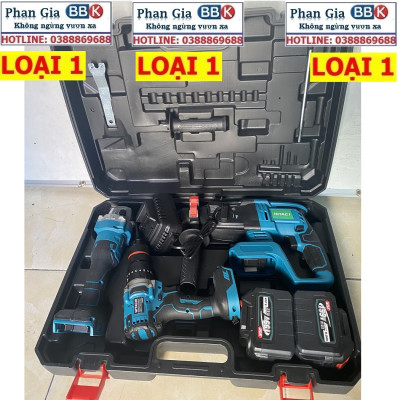 Bộ Combo Máy Khoan Đục Bê Tông, Máy Mài Và Máy Khoan Pin Dùng Pin 199V, 2 Pin 15Cell, Máy Khoan Siêu Khỏe, Siêu Bền (Tặng Hộp Đựng)