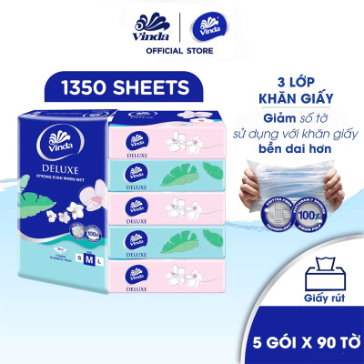 [MUA 1 THÙNG KHĂN RÚT SIZE M TẶNG 1 LỐC SIZE M + ẤM TRÀ] Khăn giấy rút cao cấp Vinda Deluxe 3 lớp 90 tờ size M (5 Gói)