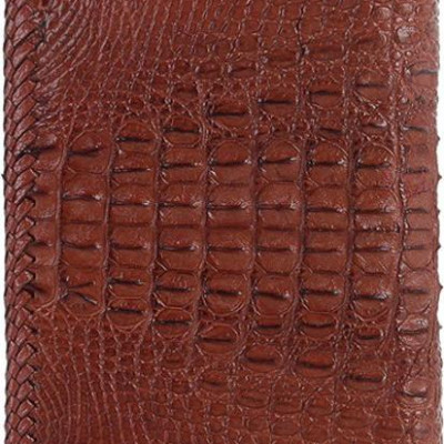 Bóp nam Huy Hoàng da cá sấu nguyên con đan viền kiểu đứng màu nâu đỏ HT2765