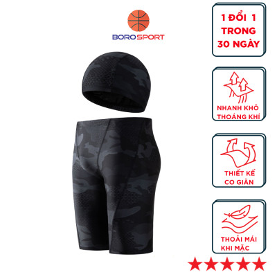 Quần bơi lửng boxer dài cho nam Cleacco màu đen Camo , chất vải  Poly co giãn 4 chiều , thoáng khí , thoát nước nhanh BORO SPORT - Tặng nón bơi vải