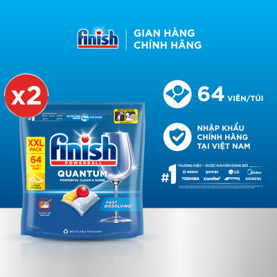 Combo 2 Viên Rửa Chén Bát Finish Powerball Quantum Powerful Clean & Shine 64 viên