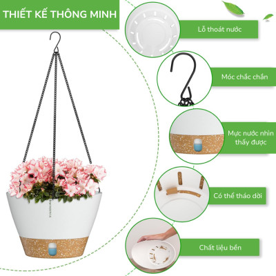 Chậu treo tự tưới MONROVIA cho cây trong nhà và ngoài trời decor không gian sống, có móc treo sắc