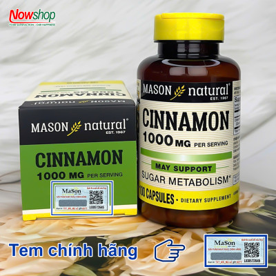 Cinnamon 1000mg Mason Natural Hộp 100 viên ổn định đường huyết hỗ trợ tiểu đường từ Quế nguyên chất