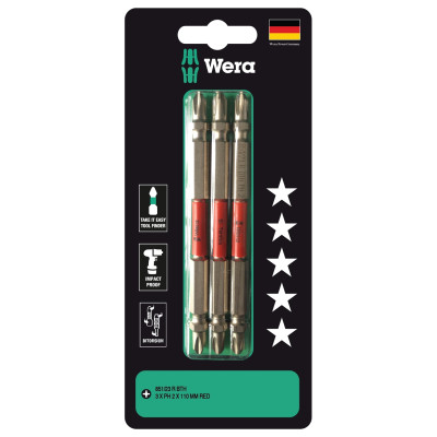 Bộ mũi vít 2 đầu 4 cạnh cao cấp Wera 05344515001 851/23 R BTH 3xPH2x110mm Red BiTorsion dùng trực tiếp máy khoan bắt vít