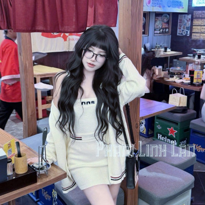 Set Len 3 Món Áo Khoác Cardigan Khóa Kèm Áo 2 Dây Crotop Mix Chân Váy Ôm