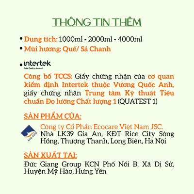 Nước lau sàn hữu cơ đuổi muỗi hương Sả Chanh 4000ml thương hiệu Ecocare