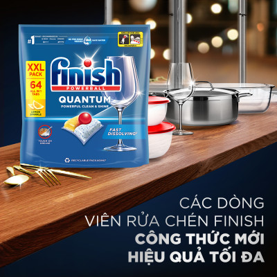 Combo 2 Viên Rửa Chén Bát Finish Powerball Quantum Powerful Clean & Shine 64 viên